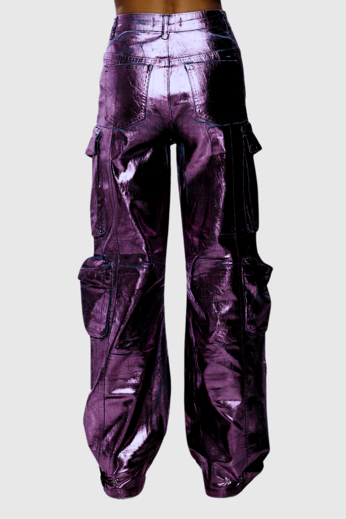 Jayda Metallic Cargo Jeans In Purple