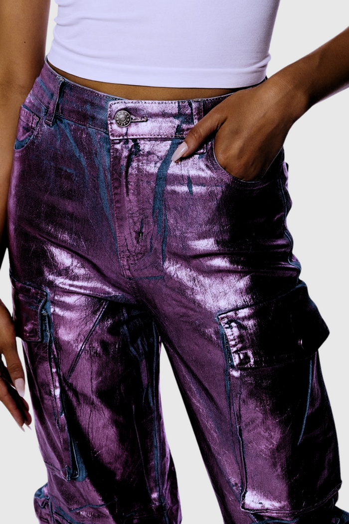 Jayda Metallic Cargo Jeans In Purple