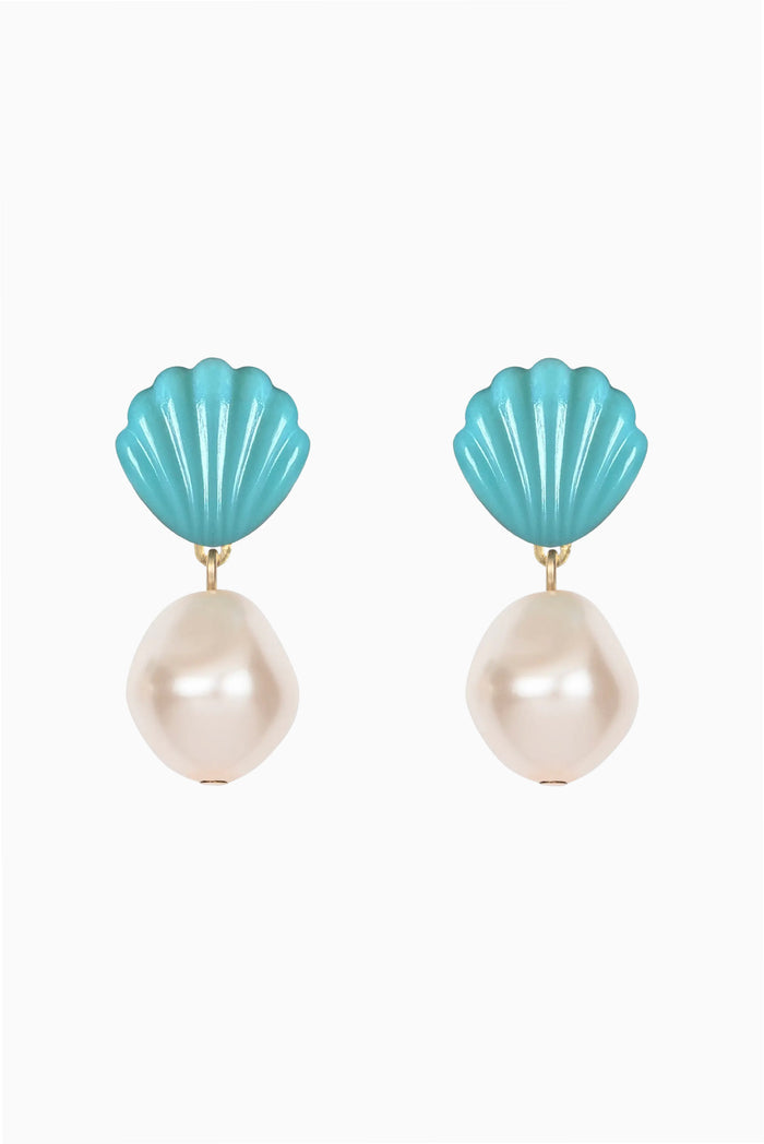 A pair of drop earrings featuring turquoise blue scallop-shaped tops and large, lustrous cream pearl drops, set with small gold accents on a plain white background.