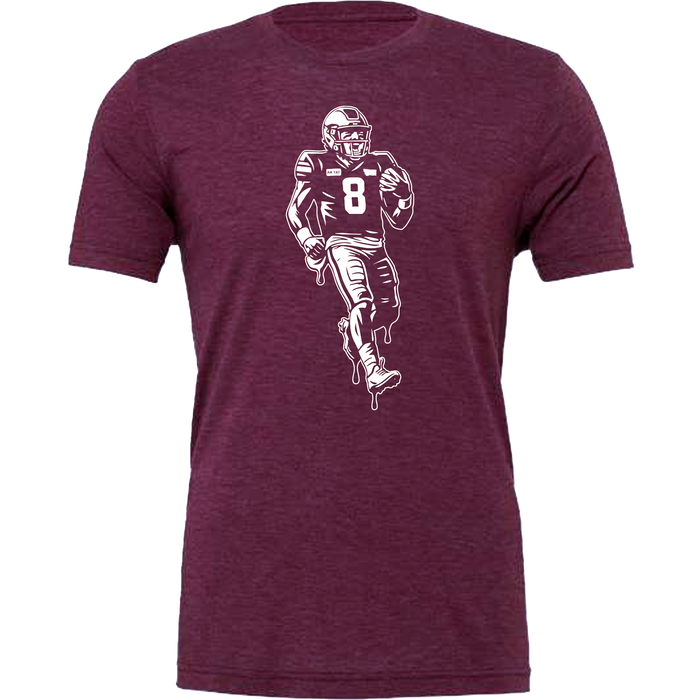 Maroon t-shirt with a graphic of a football player running, on a white background