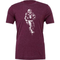 Maroon t-shirt with a graphic of a football player running, on a white background