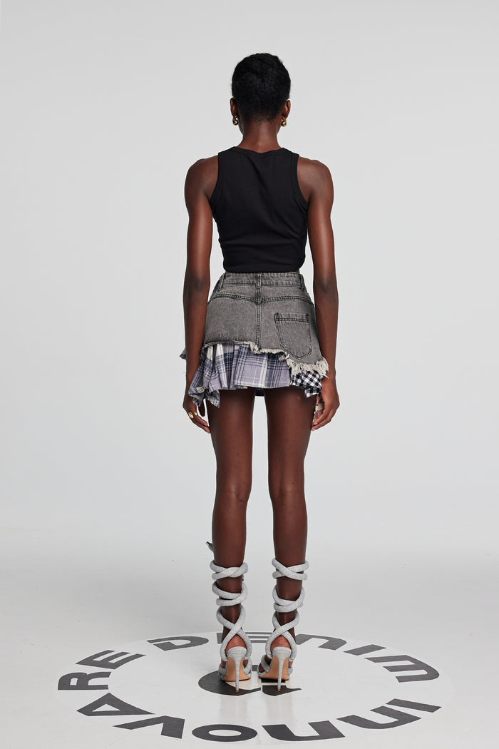 Kenna Grid Deconstruct Patchwork Mini Skirt In Black