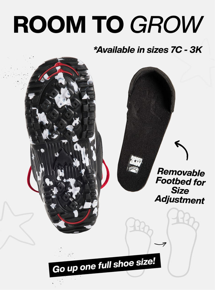 Kid's snowboard boot with a removable footbed on a white background, featuring text about size availability and features.