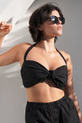Linen Halter Top with Front Knot PETAL in Black