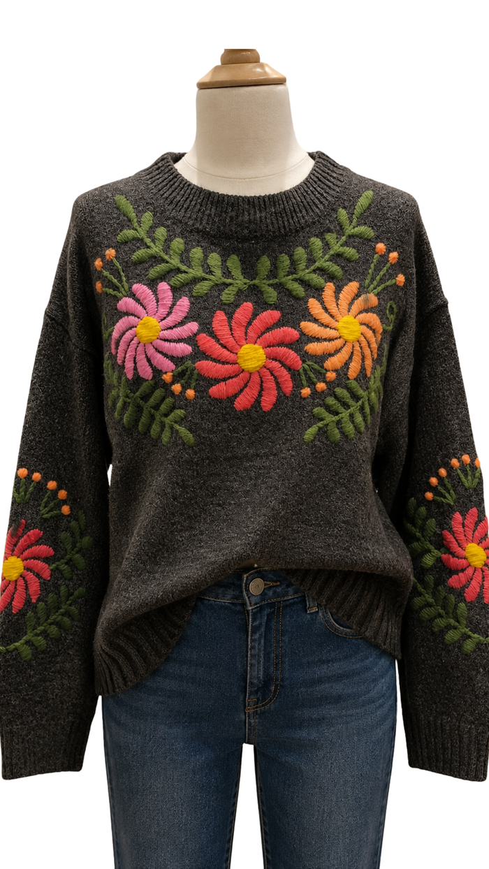 Liz Sweater with Embroidered Flowers