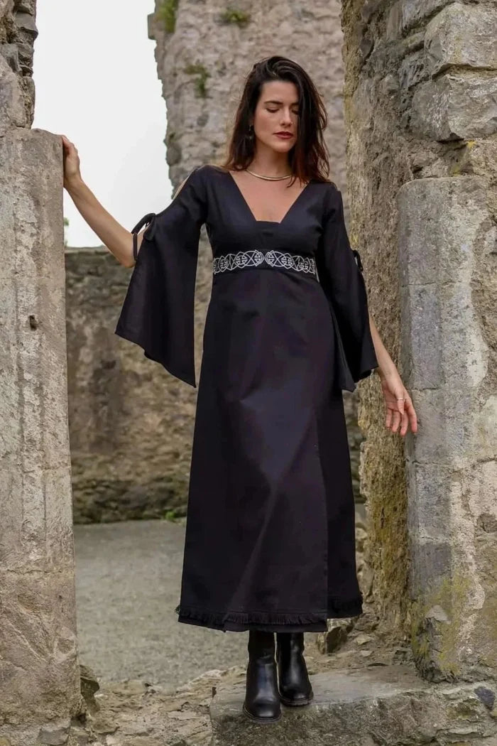 Maeve Black Celtic Dress, black folklore dress with split bell sleeves, front slit and full length skirt