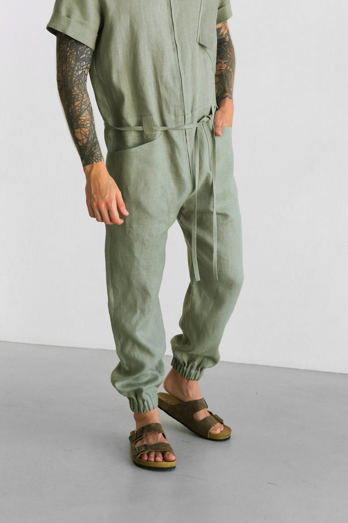 Mens Linen Jumpsuit PALO SANTO Short Sleeve - IN STOCK