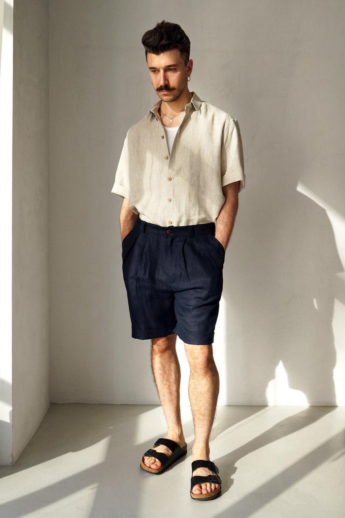 Men’s linen shorts with pleats CEDAR - IN STOCK