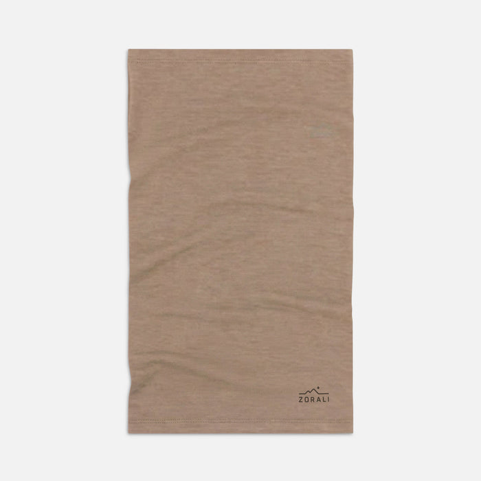 Beige neck gaiter with a brand logo on a white background
