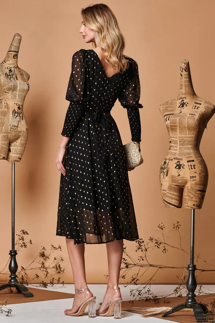 METALLIC CHIFFON PUFF SLEEVE MIDI DRESS (BLACK)