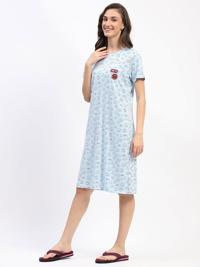 mSECRET Sky Blue Smiley Print Short-Sleeve Cotton Nightdress