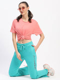 mSECRET Typography Print Front Slit Pleated Flared Green Track Bottoms