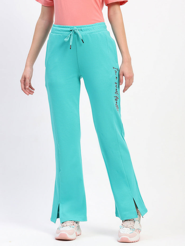 mSECRET Typography Print Front Slit Pleated Flared Green Track Bottoms