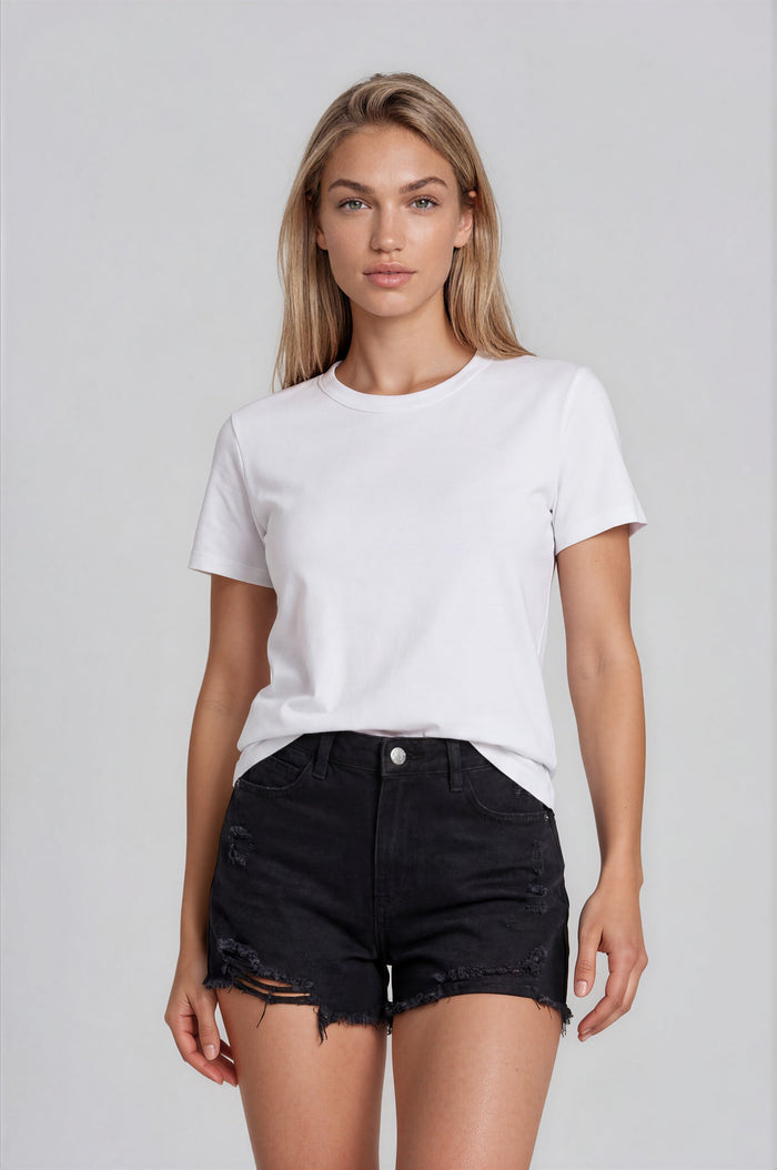 Myla Double Waistband Distressed Denim Shorts - Black
