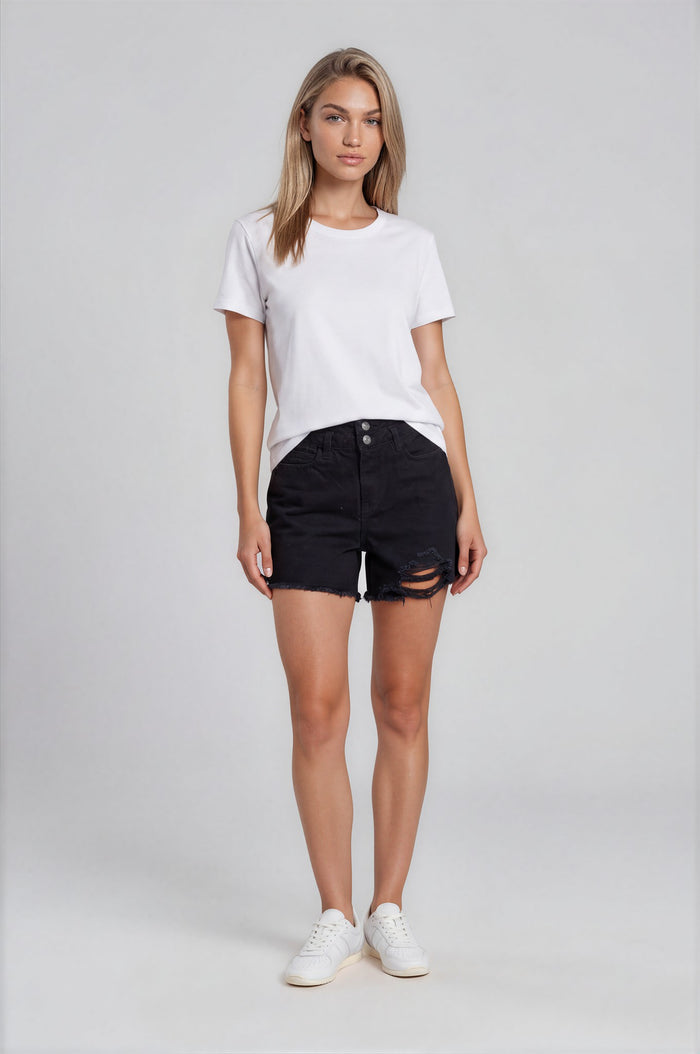 Myla Double Waistband Distressed Denim Shorts - Black