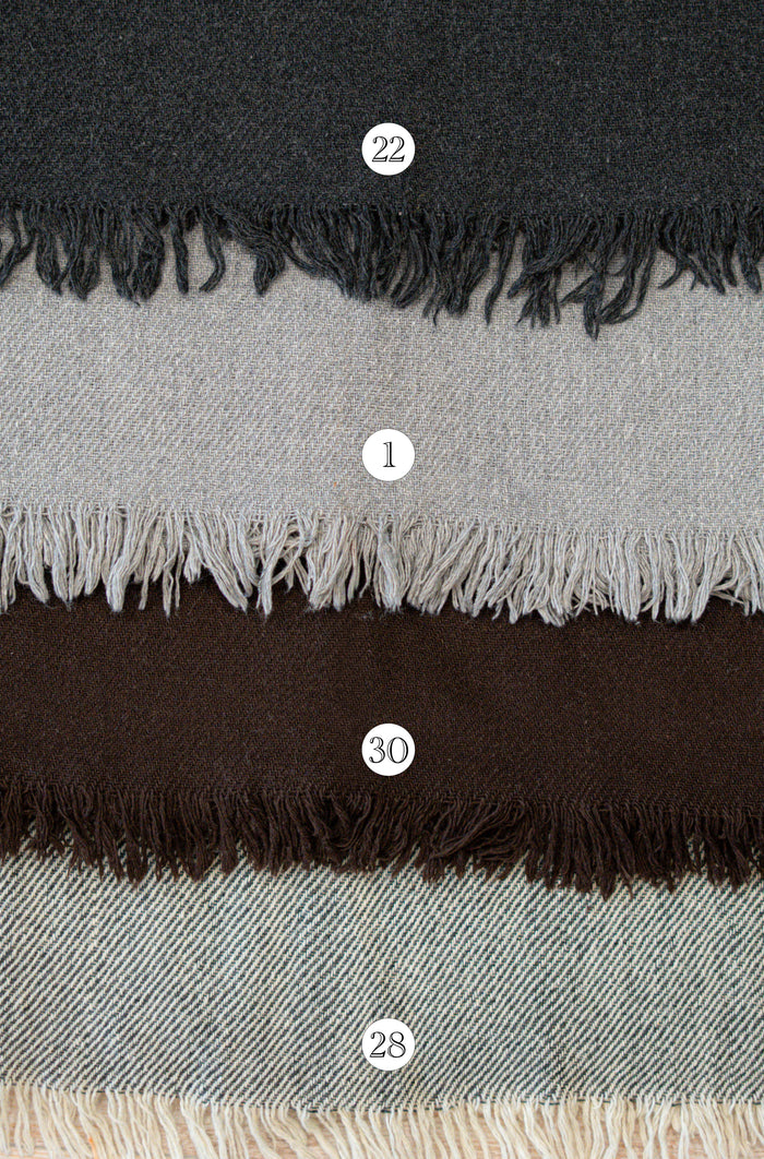 Available colour options for handwoven shawl in woven natural-look fabric wool blend by Celtic Fusion