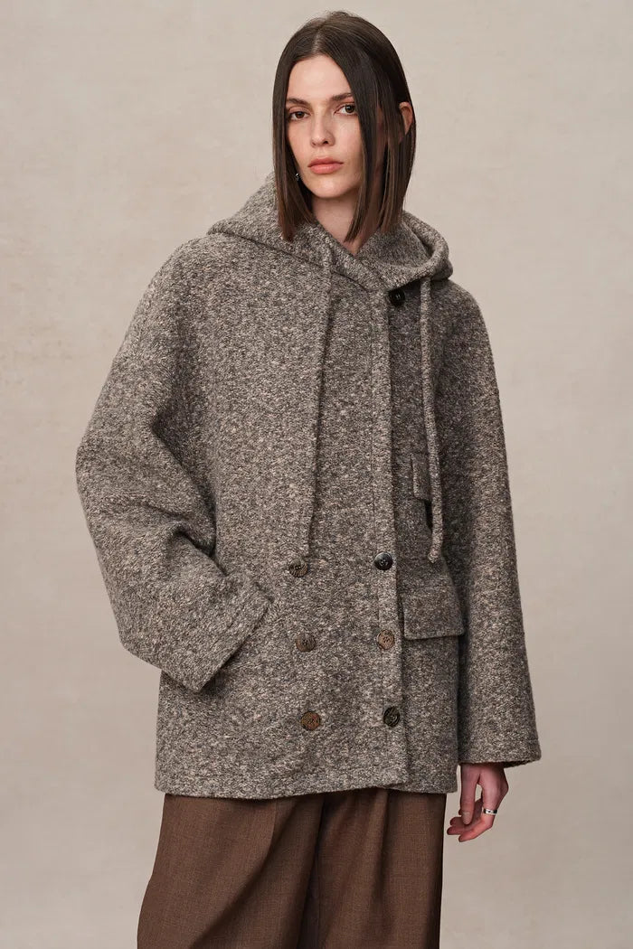 Oversized Sleeve Hooded Blazer Coat in Alpaca Loop Wool