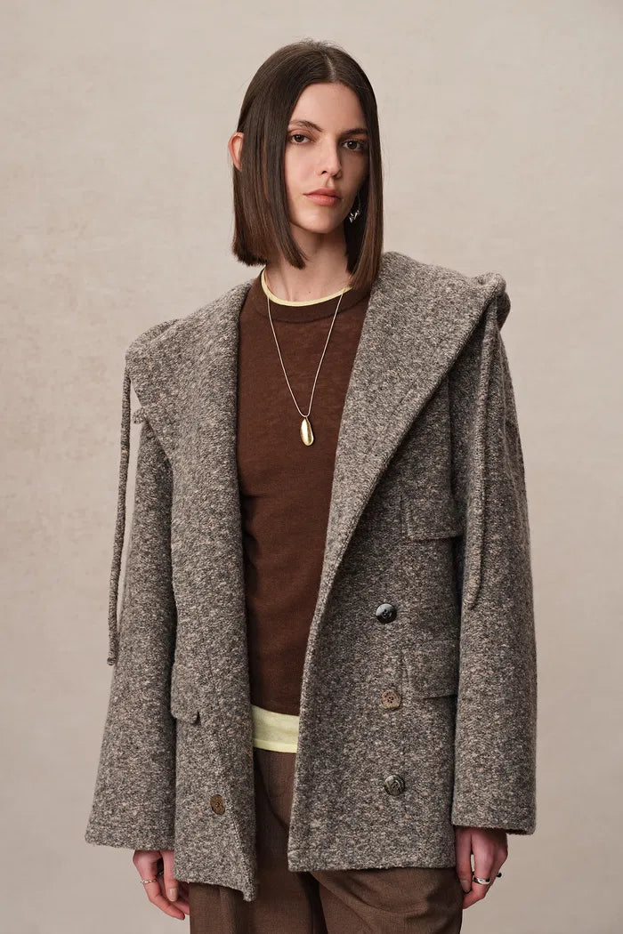 Oversized Sleeve Hooded Blazer Coat in Alpaca Loop Wool