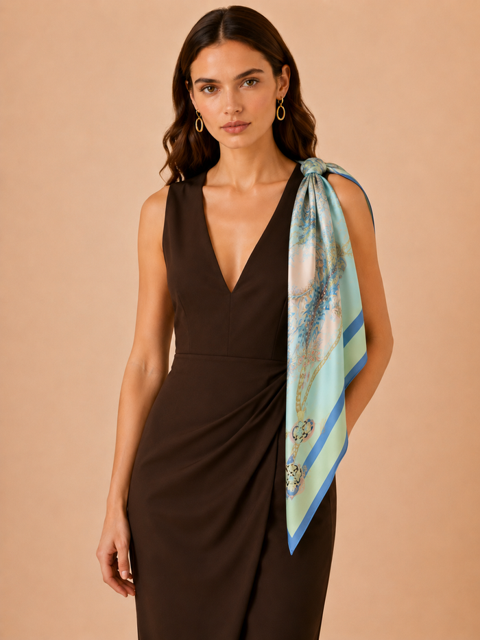 Hamida luxury silk scarf featuring pastel blue background, floral accents, gold chain details, and elegant ornamental border design.