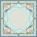 Premium Hamida silk scarf with soft blue, blush pink, and ivory tones, decorated with floral motifs and gold chain patterns.