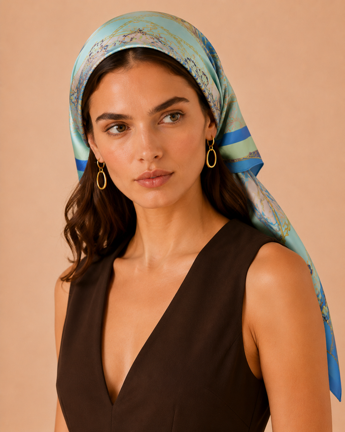 Hamida premium silk scarf featuring soft pastel colors, floral embellishments, and decorative gold chain accents.