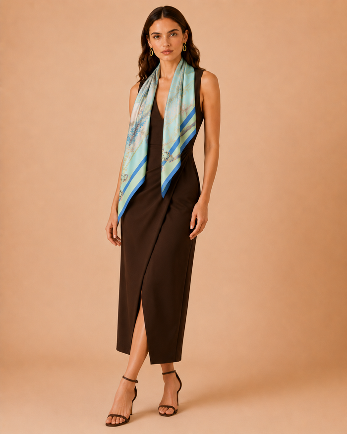 Fashion silk scarf by Hamida in pastel blue and peach shades, crafted with intricate floral details and premium silk finish.