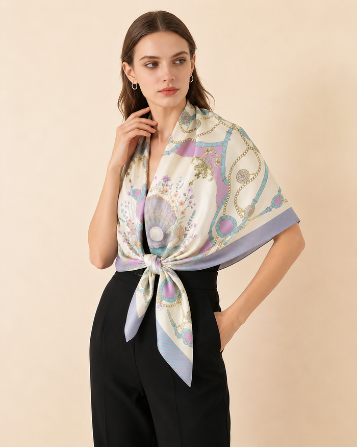 Hamida silk scarf with pearl and floral design laid flat