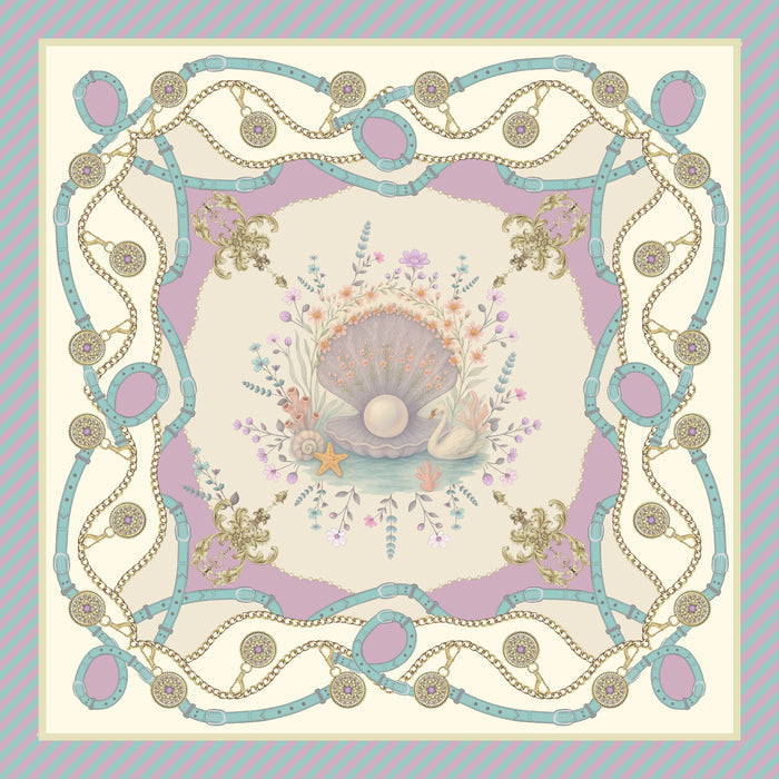 Close-up of Hamida silk scarf showing pearl centerpiece and floral pattern