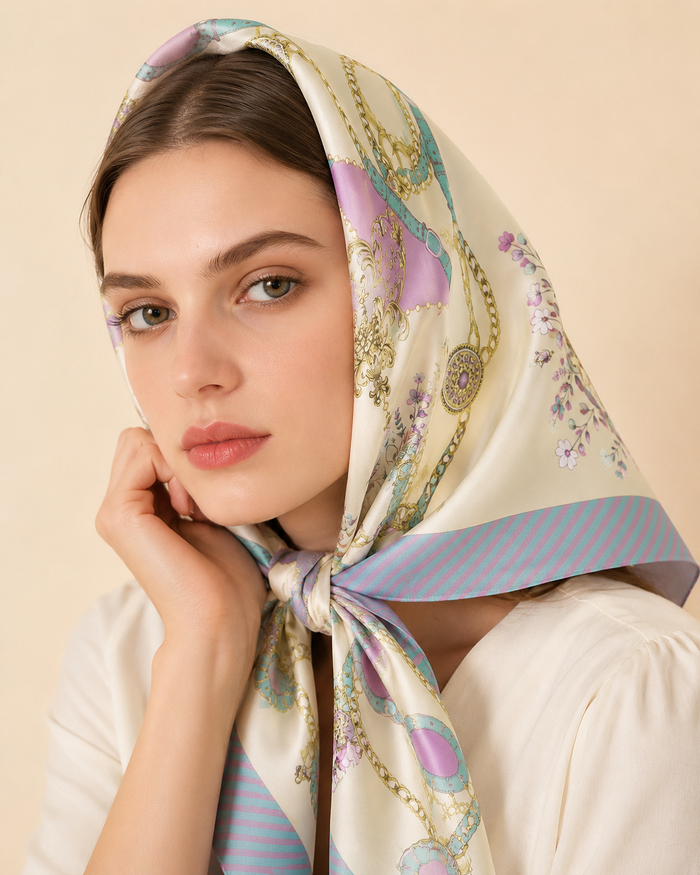 Hamida silk scarf styled around neck