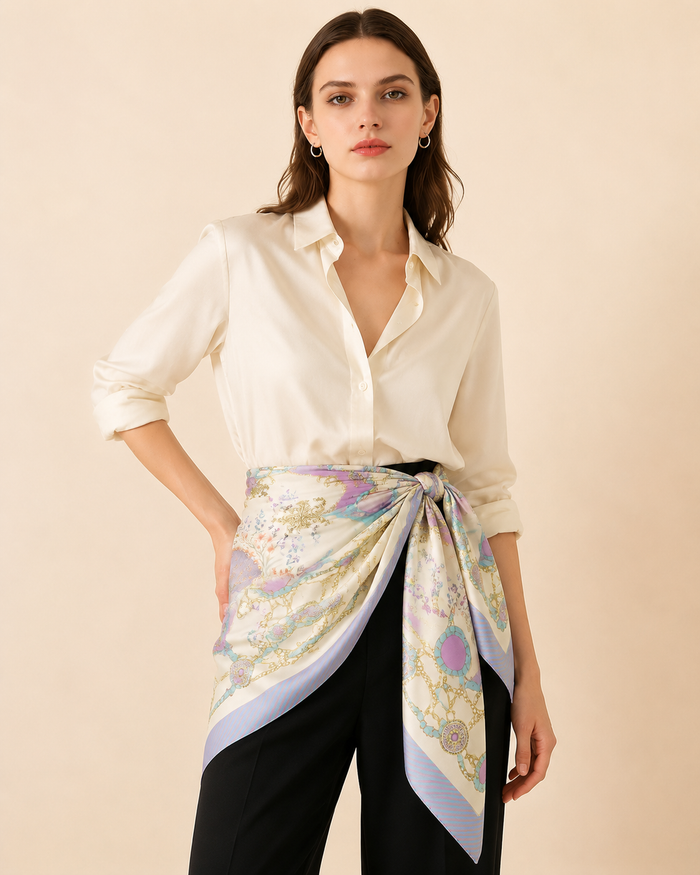 Hamida silk scarf tied on head as an elegant accessory