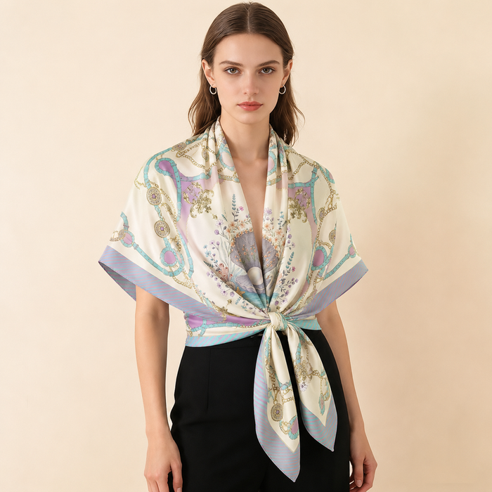 Detail shot of teal belts and gold chain motifs on Hamida silk scarf