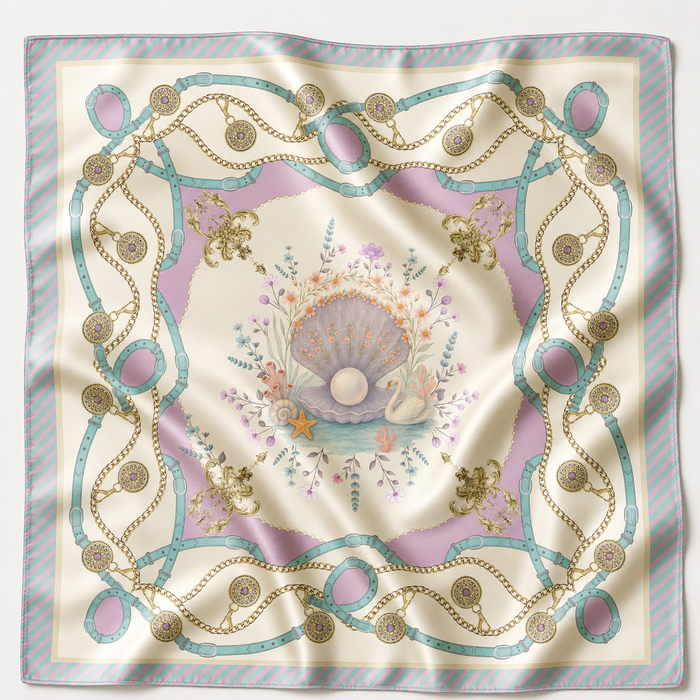 Detail shot of teal belts and gold chain motifs on silk scarf