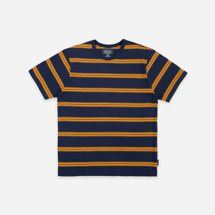 A short-sleeve crewneck t-shirt with horizontal navy blue and orange stripes, displayed flat against a light gray background.
