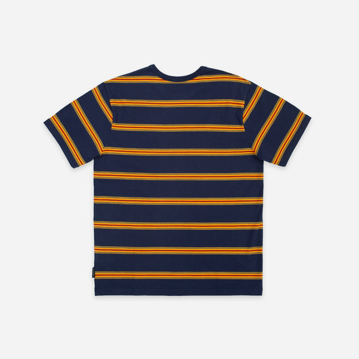 A navy blue short-sleeve t-shirt with horizontal mustard yellow stripes, shown from the back on a light gray background.