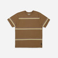 A brown short-sleeve crewneck t-shirt with horizontal stripes in yellow, red, and blue across the chest and sleeve cuffs, shown flat on a light gray background.