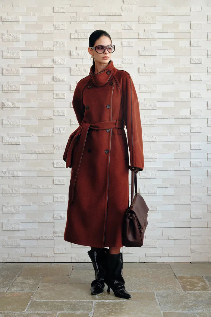PU Trim Wool Trench Coat in Double-Face Merino Wool