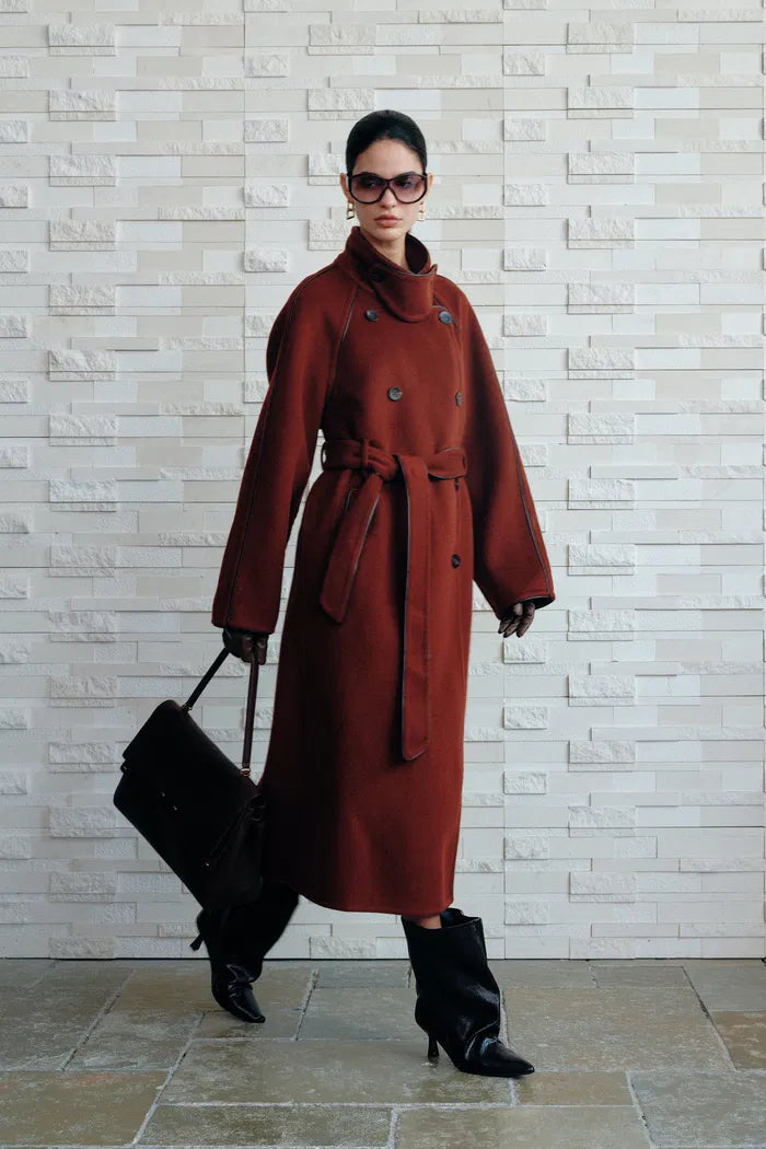 PU Trim Wool Trench Coat in Double-Face Merino Wool