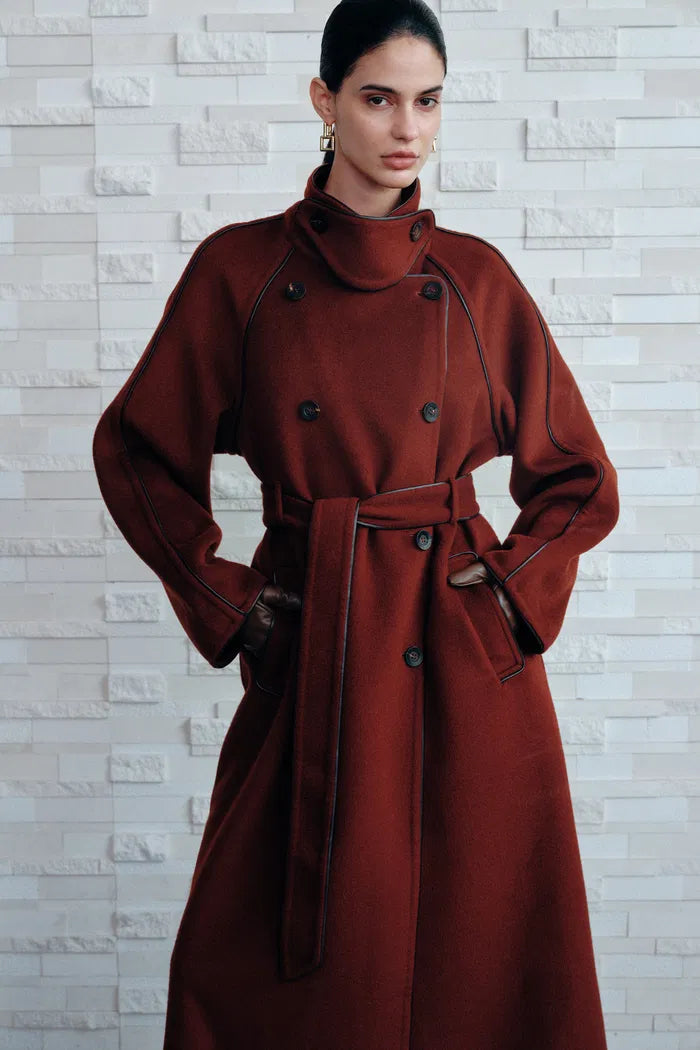 PU Trim Wool Trench Coat in Double-Face Merino Wool