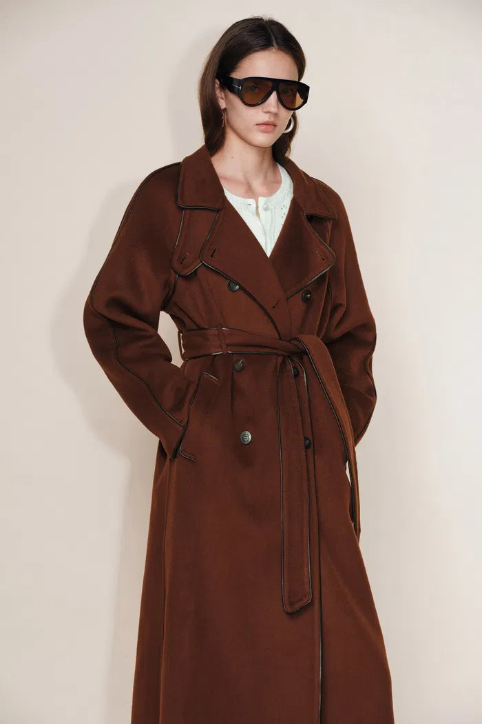 PU Trim Wool Trench Coat in Double-Face Merino Wool
