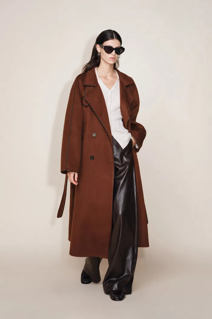 PU Trim Wool Trench Coat in Double-Face Merino Wool