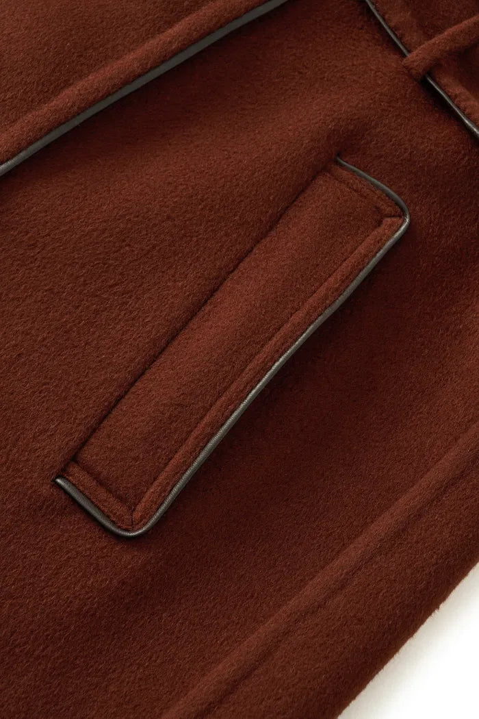 PU Trim Wool Trench Coat in Double-Face Merino Wool