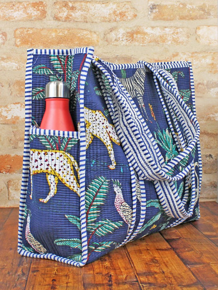 Quilted Cotton Jungle Print Tote Bag - Navy