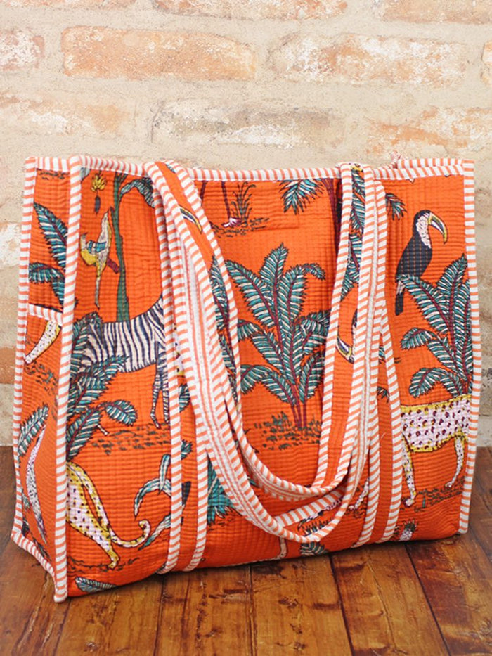 Quilted Cotton Jungle Print Tote Bag - Orange