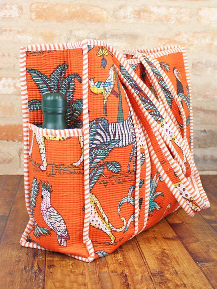 Quilted Cotton Jungle Print Tote Bag - Orange
