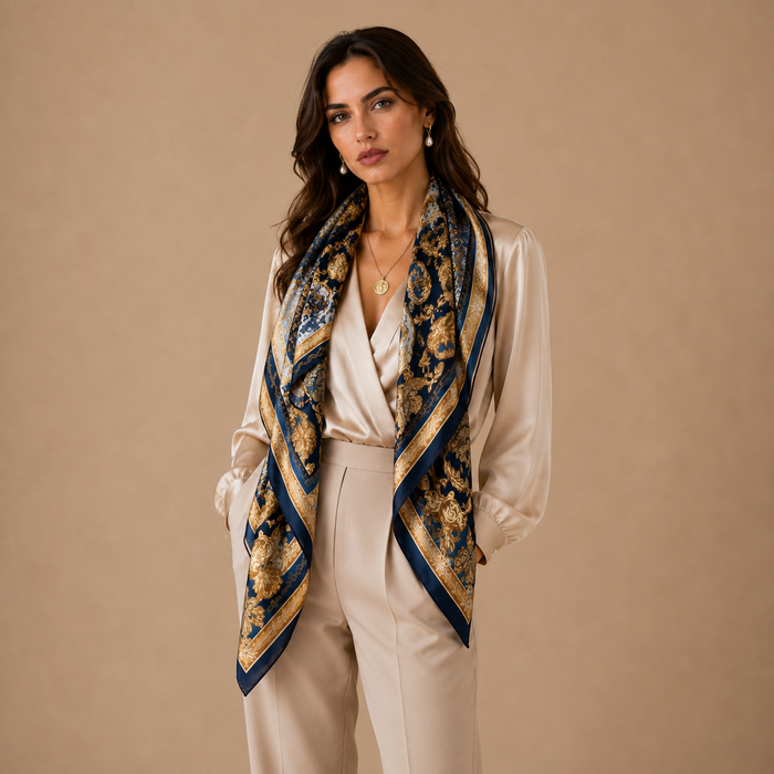 Hamida Celestial Royal Silk Scarf featuring blue and gold floral artwork with luxurious ornamental border design.