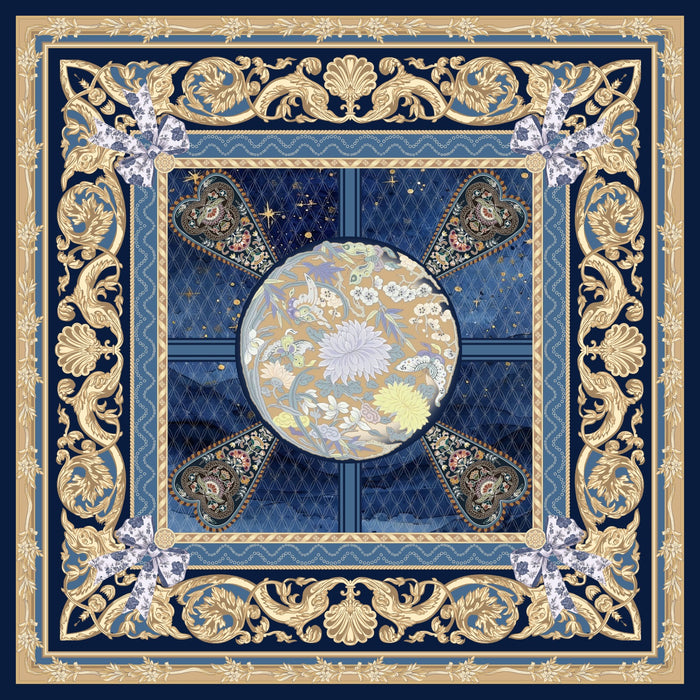 Decorative scarf with floral design and gold border on a blue background