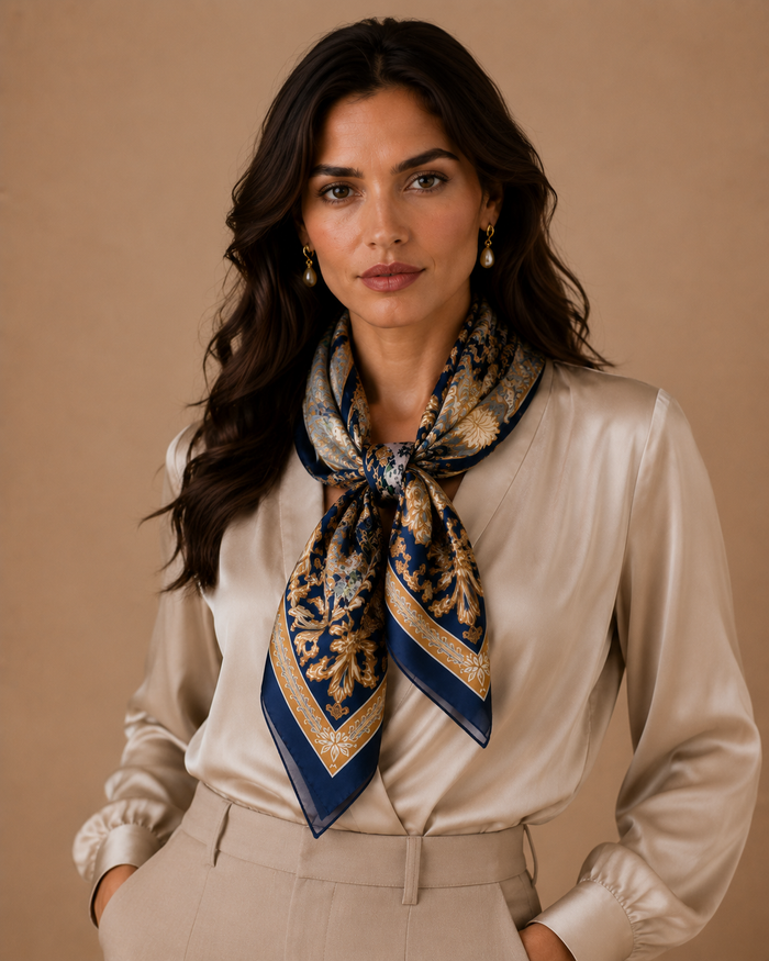 Woman wearing a patterned scarf around her neck against a beige background