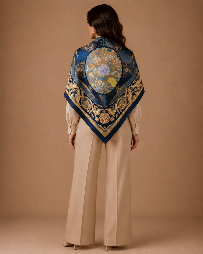 Hamida Celestial Royal Silk Scarf featuring blue and gold floral artwork with luxurious ornamental border design.