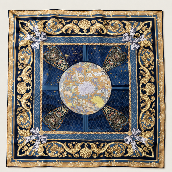 Decorative fabric square with gold and blue patterns on a beige background