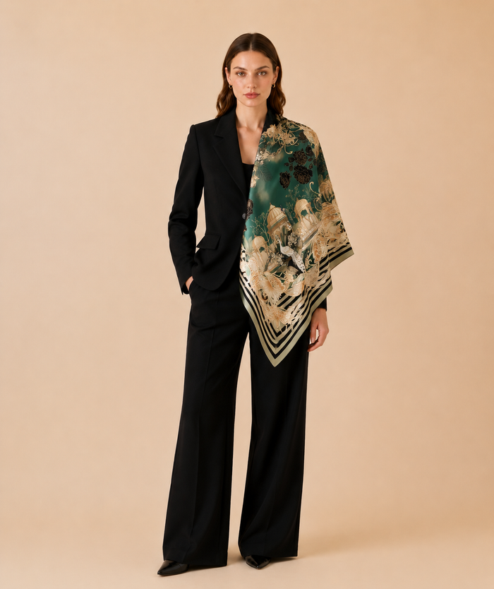 Luxury silk scarf with gold chain and architectural motifs